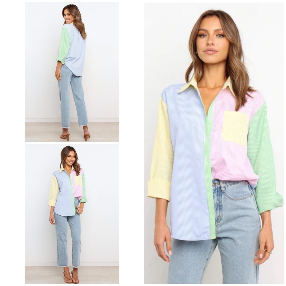 VGUC VRG GRL Striped Rainbow Pastel Colorblock Button-Up Shirt Top S/M